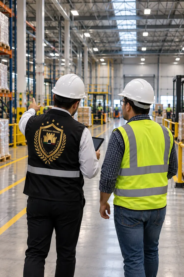 Auditor de DAVAL recorriendo la nave de un centro de distribución junto al responsable de la planta, señalando un punto del almacén con una tableta en la mano