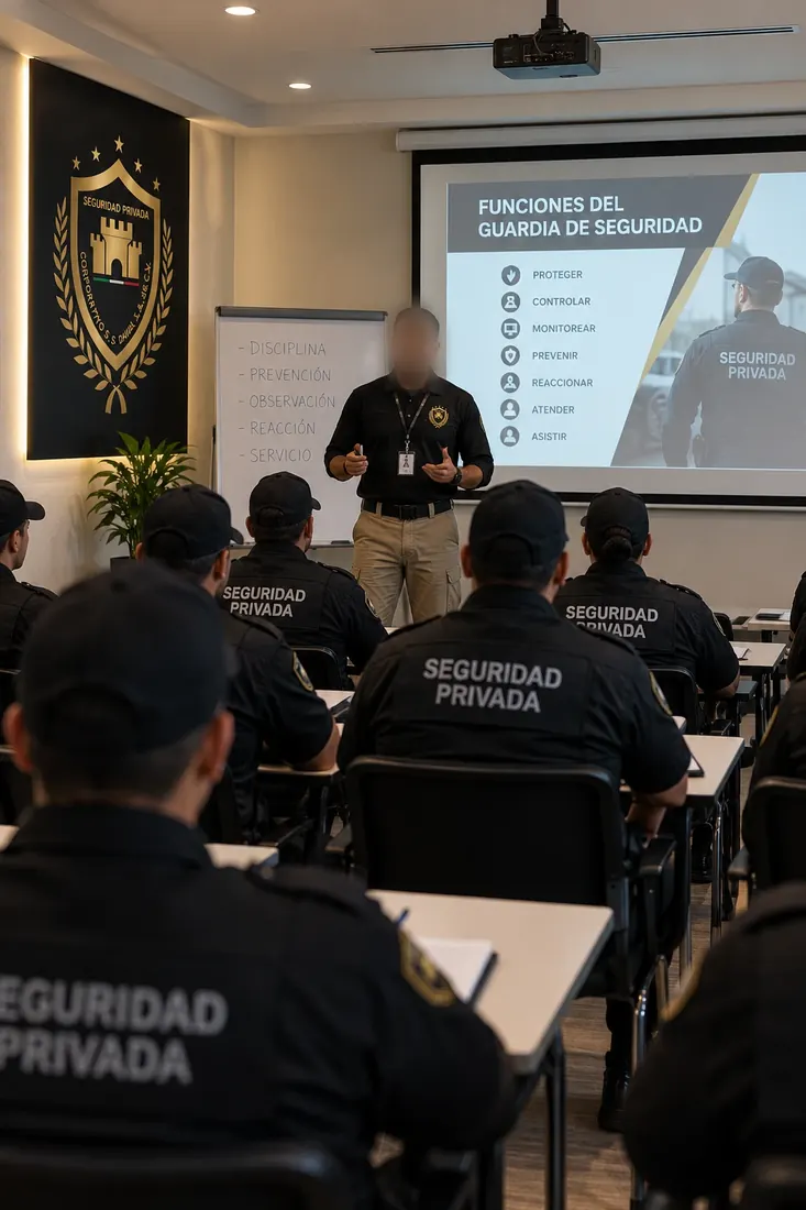 Instructor de DAVAL impartiendo una clase a un grupo de guardias uniformados, con la lámina de funciones del guardia de seguridad proyectada y el pizarrón donde se lee disciplina, prevención, observación, reacción y servicio