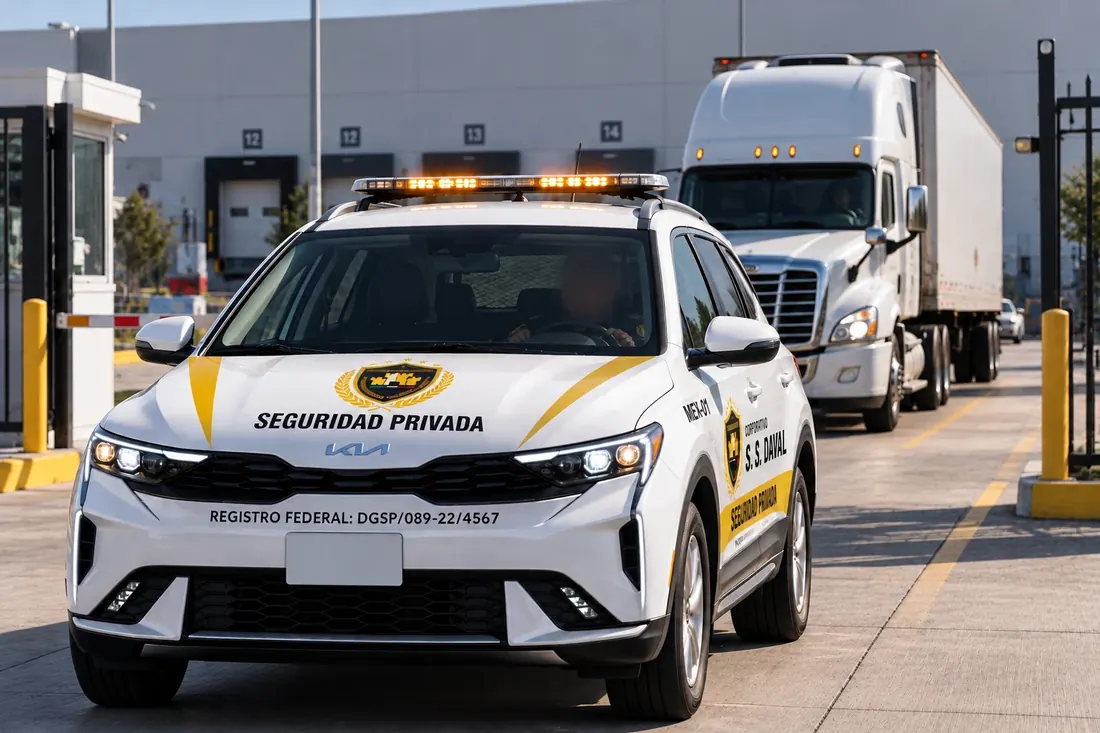 Unidad de custodia rotulada de DAVAL saliendo de un centro de distribución delante del tráiler al que acompaña