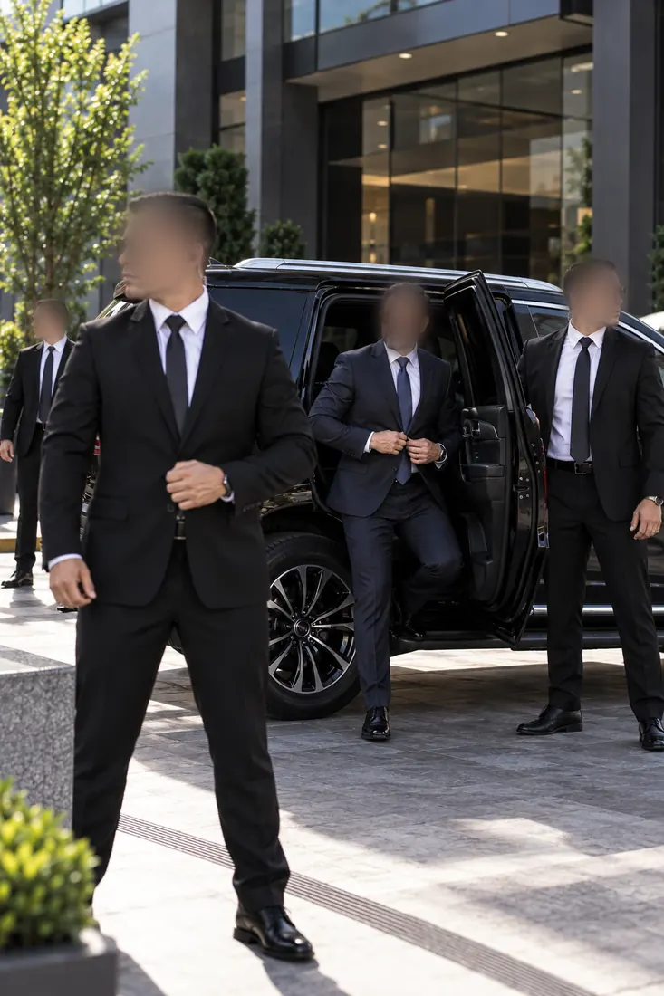 Escoltas de traje cubriendo la bajada de un directivo de su vehículo a la entrada de un edificio corporativo