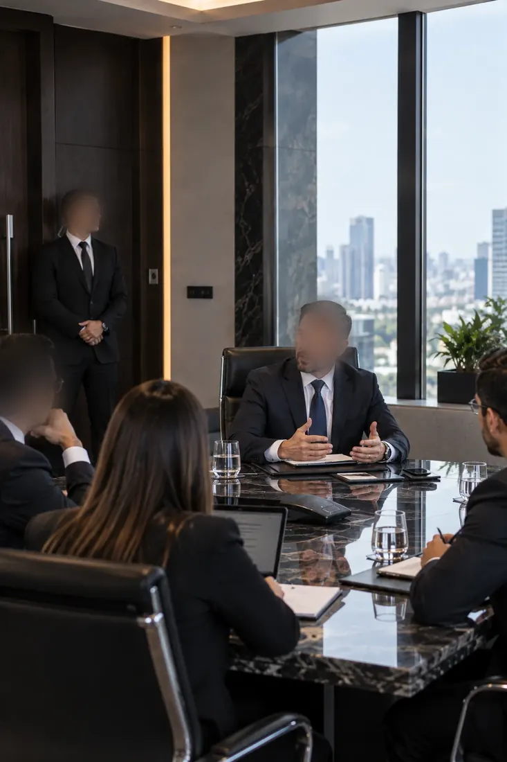 Escolta de pie junto a la puerta de una sala de juntas mientras el directivo al que acompaña encabeza una reunión
