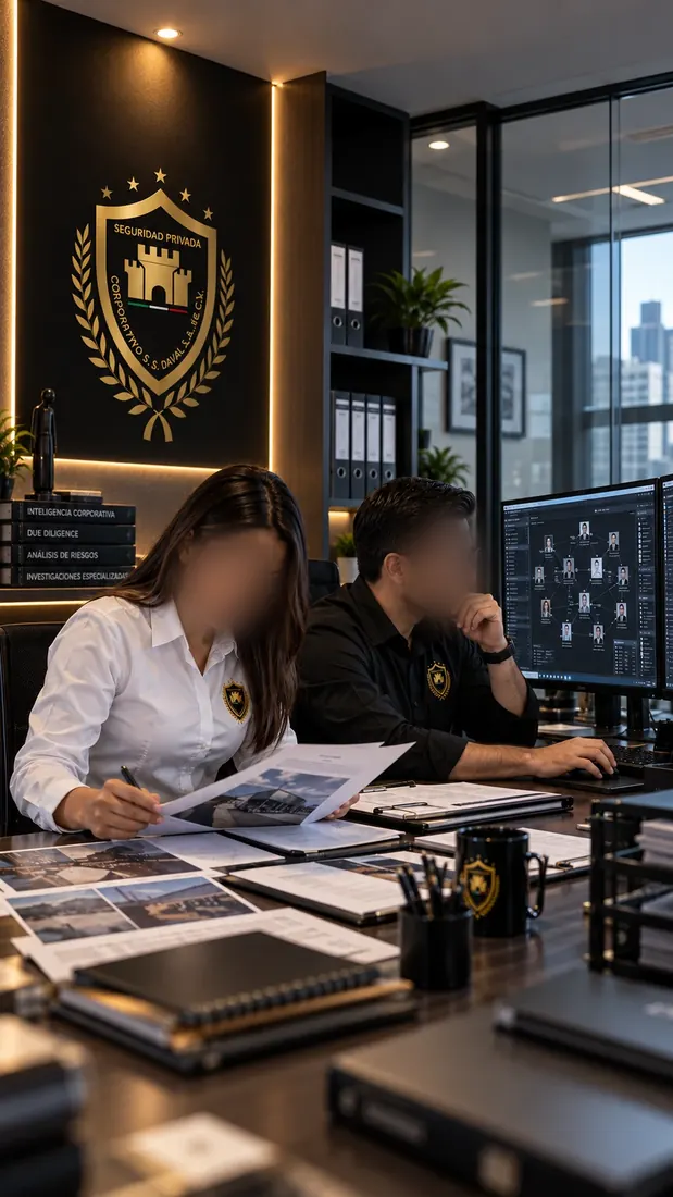 Dos investigadores de DAVAL revisando un expediente en una sala de juntas, con un diagrama de vínculos abierto en la pantalla y bibliografía de inteligencia corporativa, due diligence y análisis de riesgos al fondo