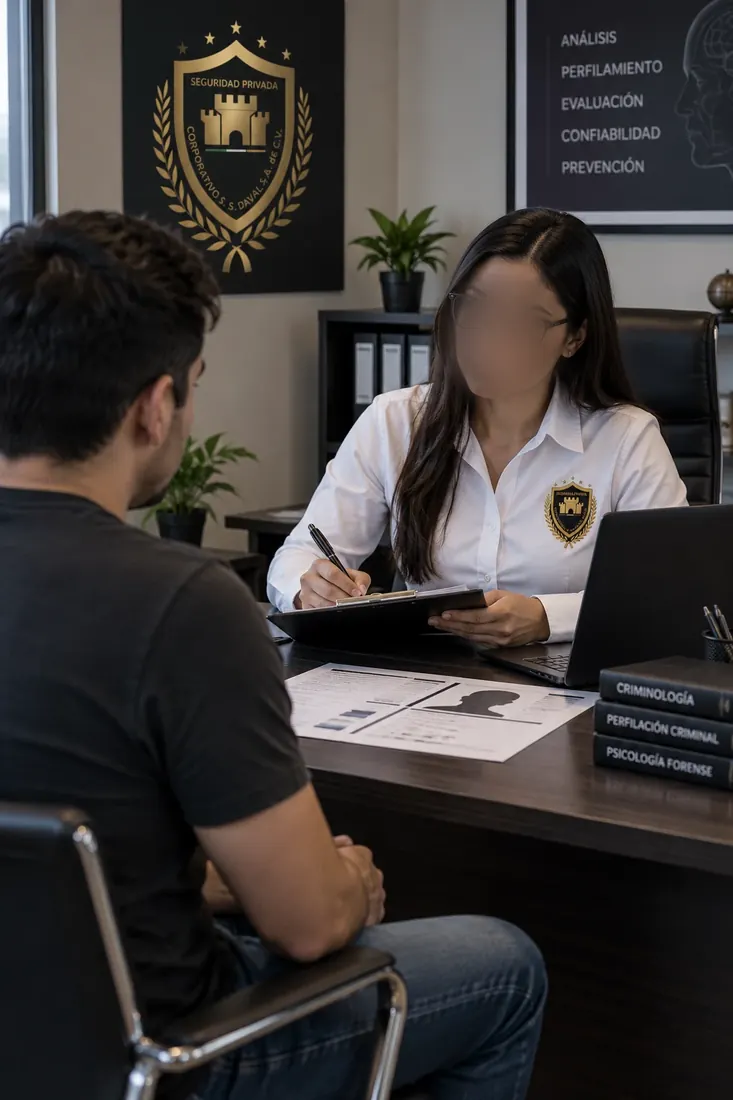 Perito criminóloga de DAVAL durante una entrevista de perfilado, tomando notas frente a la persona entrevistada, con bibliografía de criminología y perfilación criminal sobre el escritorio