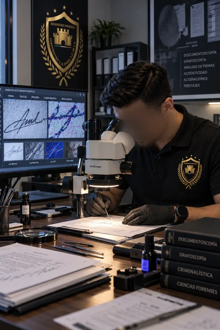 Perito criminalista de DAVAL examinando una firma con microscopio estereoscópico, junto a la pantalla de análisis documentoscópico que compara el trazo con luz blanca, rasante, UV e infrarroja