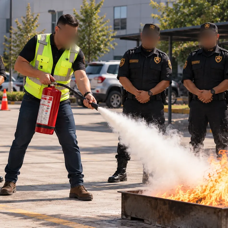 Instructor de DAVAL demostrando el uso del extintor sobre fuego controlado ante un grupo de guardias en una práctica de capacitación