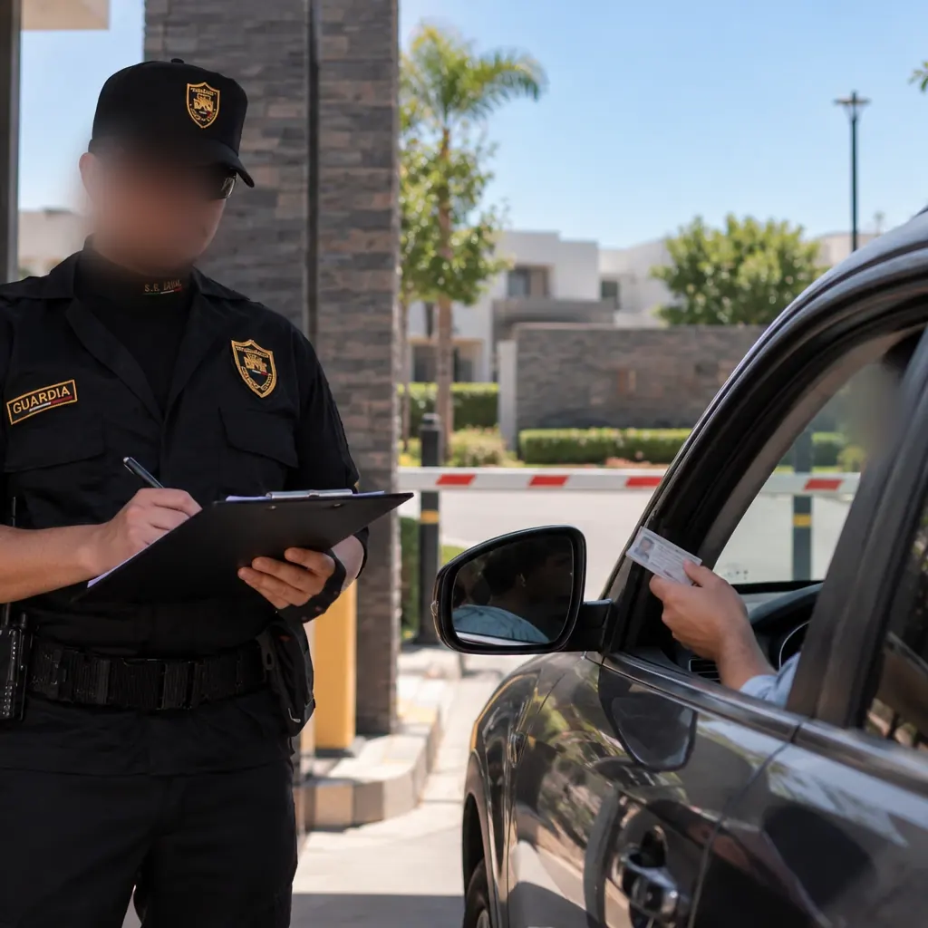 Guardia de DAVAL revisando la identificación de un conductor en el acceso vehicular de un fraccionamiento, con la tablilla de registro en la mano