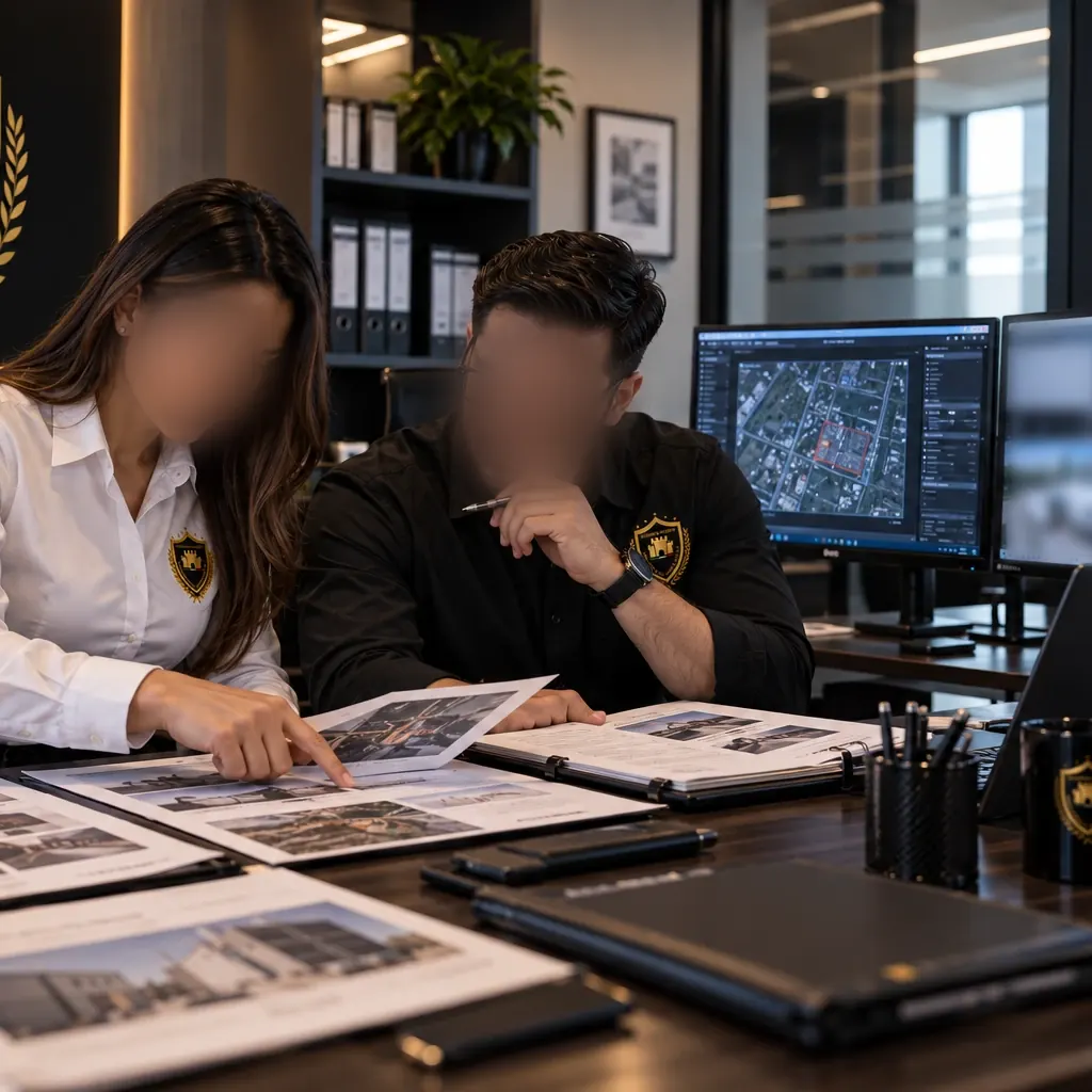 Dos analistas de DAVAL revisando un expediente fotográfico sobre la mesa, con un plano de la zona y una rejilla de cámaras en los monitores